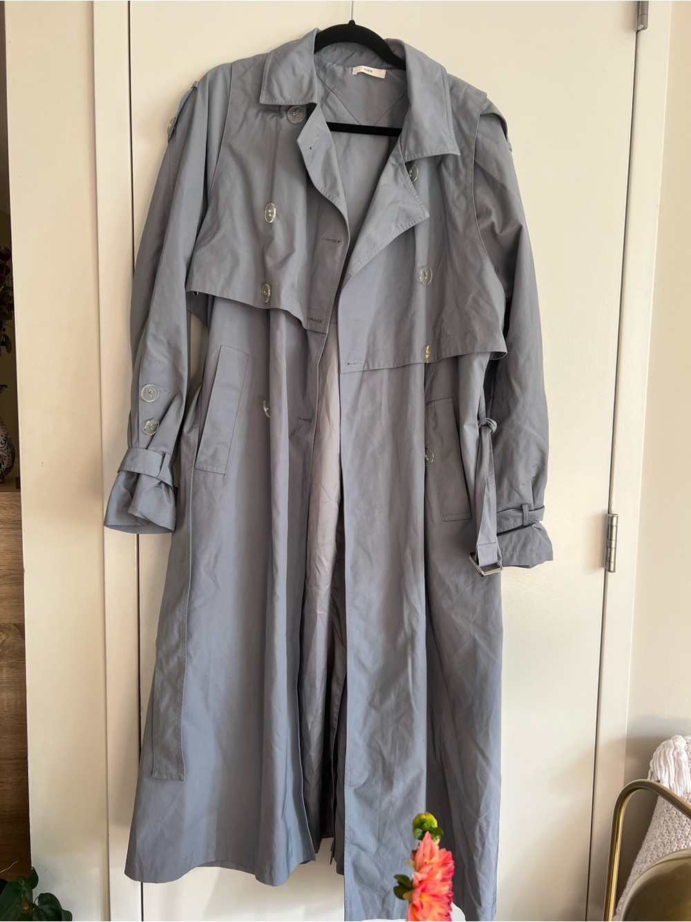 Viden Slate Blue Double-Breasted Trench Coat with Belt
